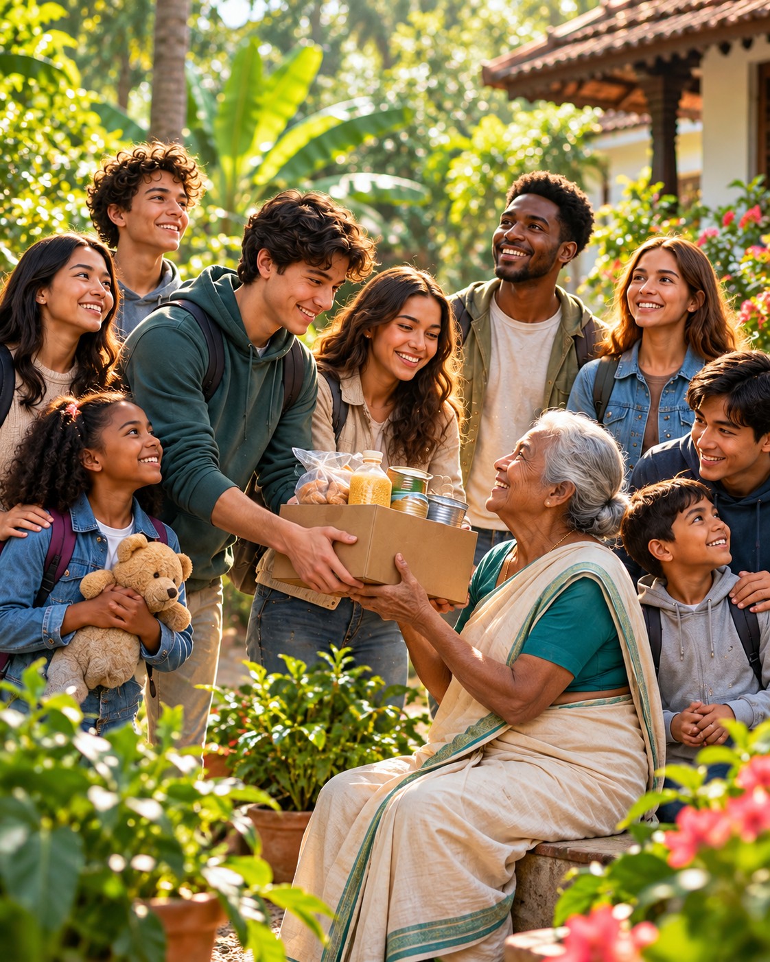 Illustration of happy children and young adults helping an older woman in a Kerala community garden
